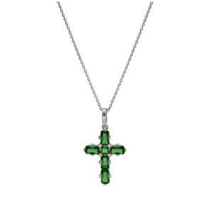 Collier en argent rhodi� pendentif croix avec oxydes verts 38+5cm - Vue 2
