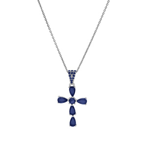Collier en argent rhodi� pendentif croix avev oxydes bleu fonc� 38+5cm - Vue 2