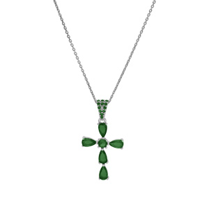 Collier en argent rhodi� pendentif croix avec oxydes vert 38+5cm - Vue 2