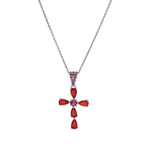 Collier en argent rhodi� pendentif croix avec oxydes rouges et oxyde central violet 38+5cm - Vue 2