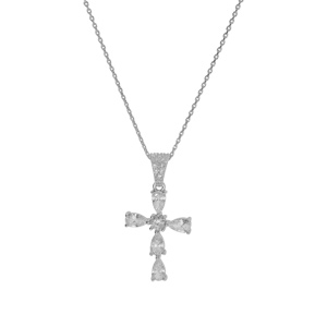 Collier en argent rhodi� pendentif croix avec oxydes blancs et b�li�re orn�e d\'oxydes 38+5cm - Vue 2