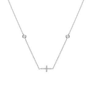 Collier en argent rhodi� deux oxydes blancs sertis clos avec une croix d\'oxydes blancs sertis - 40+5cm - Vue 2