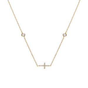 Collier en argent dor� deux oxydes blancs sertis clos avec croix d\'oxydes blancs sertis  40+5cm - Vue 2