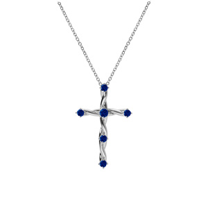 Collier en argent rhodi� pendentif croix avec oxydes bleu 41+3cm - Vue 2