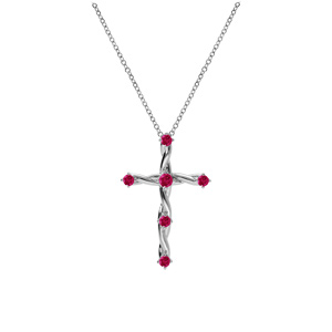 Collier en argent rhodi� pendentif croix avec oxydes fushia 41+3cm - Vue 2