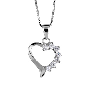 Collier en argent rhodi� cha�ne avec pendentif coeur avec 1 moiti� en oxydes blancs - longueur 42cm + 3cm de rallonge - Vue 2