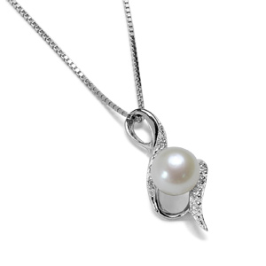 Collier en argent rhodi� cha�ne avec pendentif perle blanche de synth�se dans une petite torsade orn�e d\'oxydes blancs - longueur 42cm + 3cm de rallonge - Vue 2