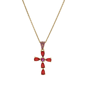 Collier argent dor� pendentif croix oxydes rouges r�glable 38 � 43cm - Vue 2