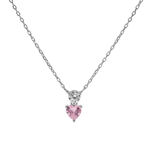 Collier en argent rhodi� cha�ne avec pendentif coeur avec oxyde rose et blanc longueur 40+4cm - Vue 2