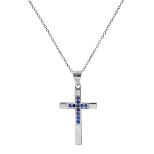 Collier en argent rhodi� cha�ne avec pendentif croix et oxydes bleu longueur 40+4cm - Vue 2