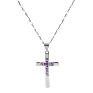 Collier en argent rhodi� cha�ne avec pendentif croix et oxydes violet longueur 40+4cm - Vue 2