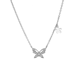 Collier en argent rhodi� avec papillon pav� d\'oxydes blancs longueur 42+3cm - Vue 2