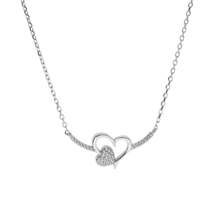 Collier en argent rhodi� cha�ne avec coeur �vid� et coeur pav� d\'oxyde blanc longueur 42+3cm - Vue 2