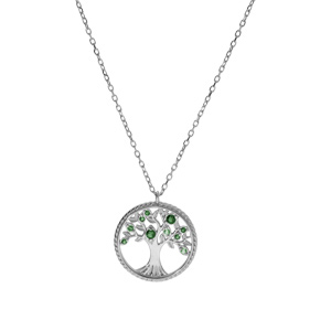 Collier argent rhodi� pendentif arbre de vie contour perl� avec oxydes verts 42+3cm - Vue 2
