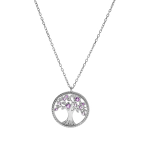 Collier en argent rhodi� cha�ne avec pendentif motif arbre de vie contour perl� et oxydes violet 42+3cm - Vue 2