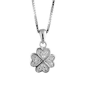 Collier en argent rhodi� cha�ne avec pendentif tr�fle � 4 feuilles orn� d\'oxydes blanches - longueur 42cm + 3cm de rallonge - Vue 2
