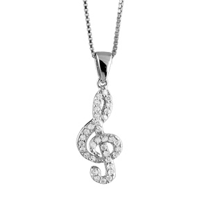 Collier en argent rhodi� cha�ne avec pendentif cl� de sol orn�e d\'oxydes blancs - longueur 42cm + 3cm de rallonge - Vue 2