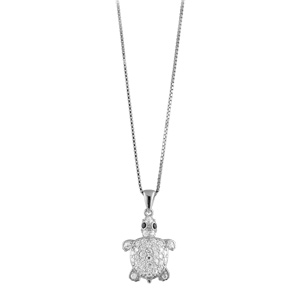 Collier en argent rhodi� cha�ne avec pendentif tortue orn�e d\'oxydes blancs et yeux noirs - longueur 42cm + 3cm de rallonge - Vue 2