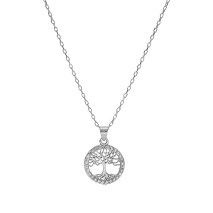 Collier argent rhodi� pendentif arbre de vie contour oxydes blancs sertis 40+5cm - Vue 2
