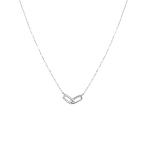 Collier argent rhodi� 2 rectangles entrelac�s 1 lisse 1 avec oxydes blancs sertis r�glable 39 � 43cm - Vue 2