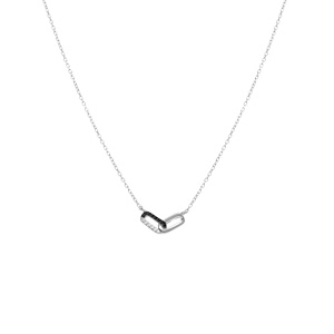 Collier argent rhodi� deux rectangles entrelac�s un  lisse et un  avec oxydes blancs et noirs sertis - 39+4cm - Vue 2