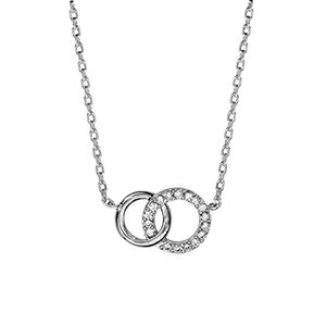 Collier en argent rhodi chane avec pendentif 2 anneaux de taille diffrente emmaills, 1 gros orn d\'oxydes blancs et le petit lisse - longueur 40cm + 2cm de rallonge - Vue 2