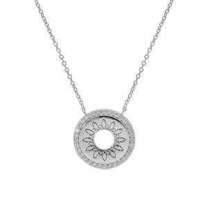 Collier argent rhodi� disque motif soleil �vid� entourage d\'oxydes blancs 42+3cm - Vue 2