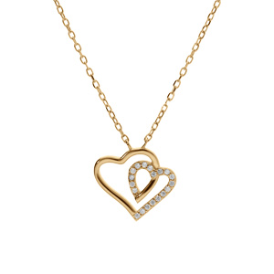 Collier en argent dor� avec pendentif double coeur contour d\'oxydes blancs 42+3cm - Vue 2