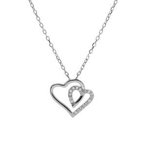 Collier en argent rhodi� pendentif double coeur contour oxydes blancs 42+3cm - Vue 2