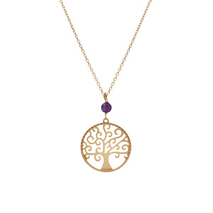 Collier argent dor� jaune arbre de vie 20mm et boule jade violette v�ritable r�glable 40 � 44cm - Vue 2