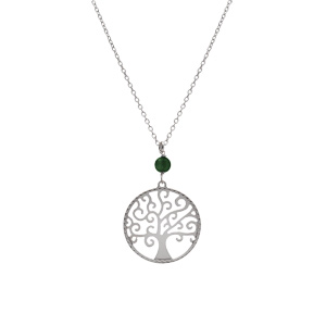 Collier argent rhodi� arbre de vie 20mm et boule malachite v�ritable r�glable 40 � 44cm - Vue 2