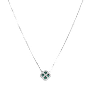 Collier en argent rhodi� pendentif tr�fle malachite v�ritable contour oxydes blancs -40+5cm - Vue 2