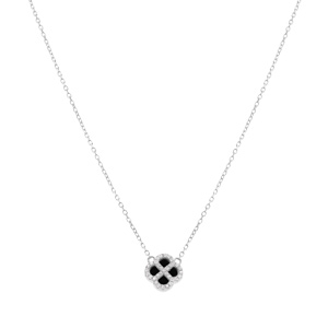 Collier en argent rhodi� pendentif tr�fle agate noire v�ritable contour oxydes blancs - 40+5cm - Vue 2