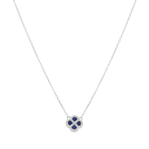 Collier en argent rhodi� pendentif tr�fle agate bleue v�ritable contour oxydes blancs - 40+5cm - Vue 2