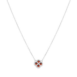 Collier en argent rhodi� pendentif tr�fle agate rouge v�ritable contour oxydes blancs  40+5cm - Vue 2
