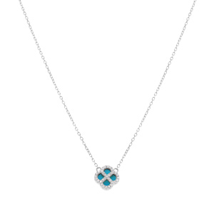 Collier en argent rhodi� pendentif tr�fle agate bleu turquoise v�ritable contour oxydes blancs - 40+5cm - Vue 2