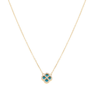 Collier en argent dor� avec pendentif tr�fle turquoise imitation contour oxydes blancs 40+5cm - Vue 2