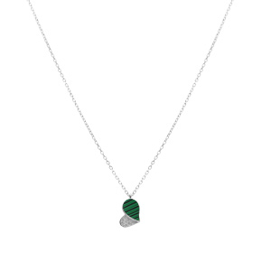 Collier en argent rhodi� avec pendentif coeur avec oxydes blancs et malachite v�ritable - 39+4cm - Vue 2