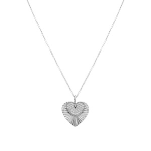 Collier en argent rhodi� pendentif double coeur stri� et oxydes blancs sertis 42+3cm - Vue 2