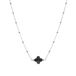 Collier en argent rhodi� cha�ne boules et tr�fle en verre facet� noir 38+5cm - Vue 2