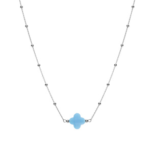 Collier en argent rhodi� cha�ne boules et tr�fle en verre facet� bleu ciel 38+5cm - Vue 2