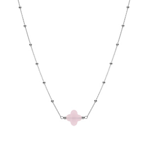 Collier en argent rhodi� cha�ne boules et tr�fle en verre facet� rose 38+5cm - Vue 2