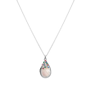 Collier en argent rhodi� pendentif oval nacre blanche v�ritable et feuillage r�sine multicolore - 40+4cm - Vue 2