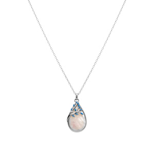 Collier en argent rhodi� pendentif oval nacre blanche v�ritable et feuillage r�sine bleue - 40+4cm - Vue 2