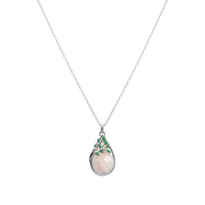 Collier en argent rhodi� pendentif oval nacre blanche v�ritable et feuillage r�sine verte - 40+4cm - Vue 2