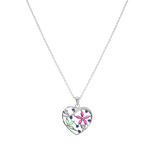 Collier en argent rhodi� pendentif coeur avec fleurs oxydes multi couleurs  - 40+5cm - Vue 2
