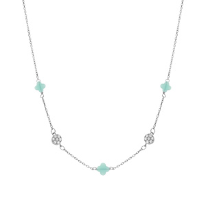 Collier en argent rhodi� tr�fle en verre bleu glacial et fleurs oxydes blancs 42+3cm - Vue 2