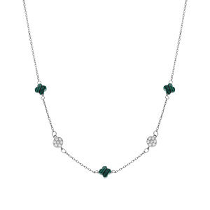 Collier en argent rhodi� tr�fle en verre vert malachite imitation et fleurs oxydes blancs - 42+3cm - Vue 2