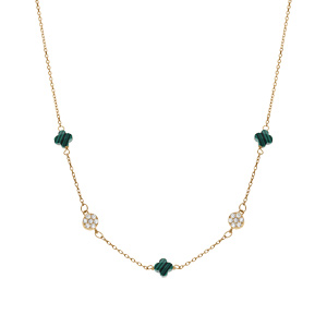 Collier en argent dor� tr�fle en verre vert malachite imitation et fleurs oxydes blancs - 42+3cm - Vue 2