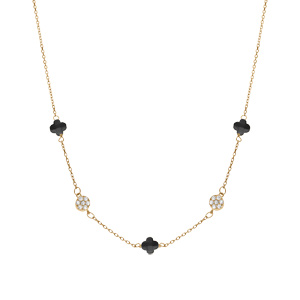 Collier en argent dor� tr�fle en verre noir et fleurs oxydes blancs - 42+3cm - Vue 2